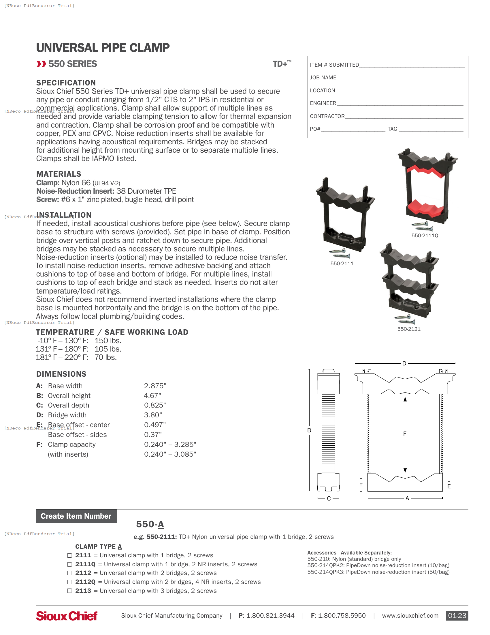 550-21 SERIES - TDPLUS UNIVERSAL PIPE CLAMP - SPEC SHEET.PDF Specification Document